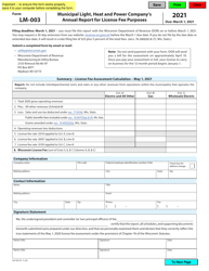 Document preview: Form LM-003 Municipal Light, Heat and Power Company's Annual Report for License Fee Purposes - Wisconsin, 2021