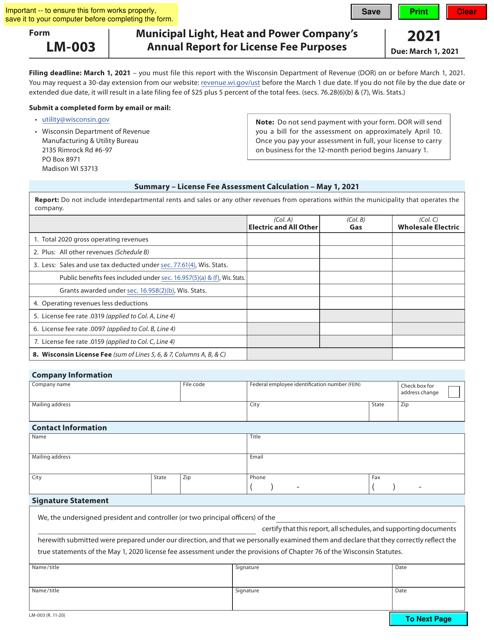 Form LM-003 Municipal Light, Heat and Power Company's Annual Report for License Fee Purposes - Wisconsin, 2021