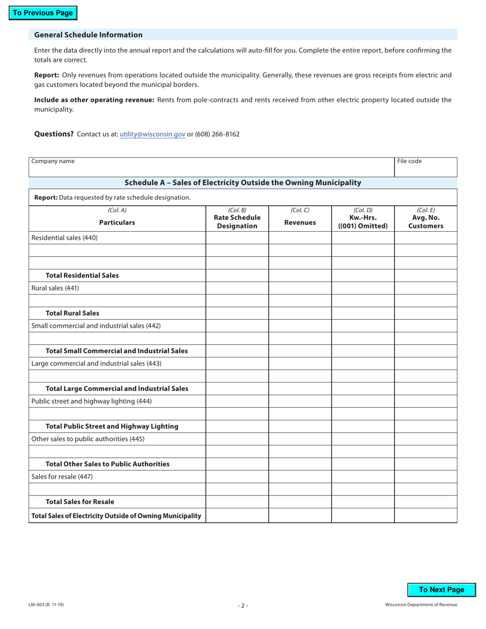 Form LM-003 Municipal Light, Heat and Power Companys Annual Report for License Fee Purposes - Wisconsin, Page 2
