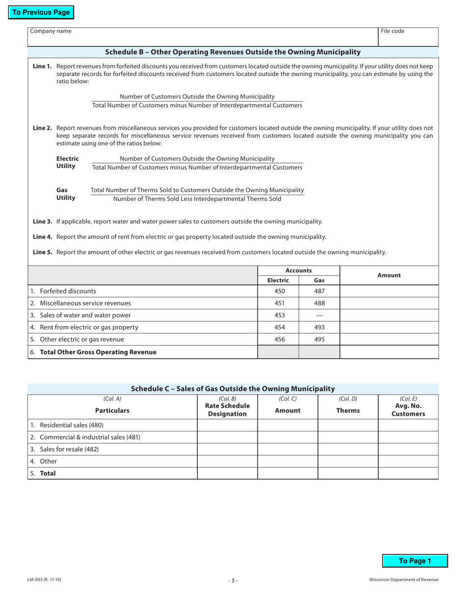 Form LM-003 Municipal Light, Heat and Power Companys Annual Report for License Fee Purposes - Wisconsin, Page 3