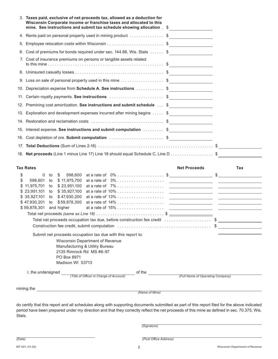 Form MT-001 Report of Net Proceeds Occupation Tax on Mining of Metallic Minerals - Wisconsin, Page 2