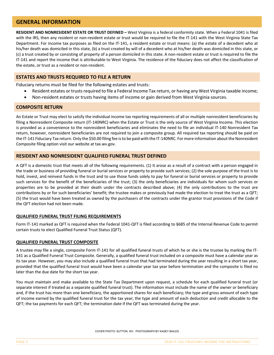 Instructions for Form IT-141 West Virginia Fiduciary Income Tax Return - West Virginia, Page 2