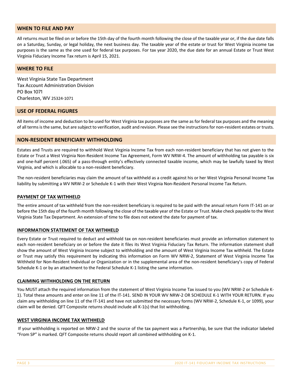 Instructions for Form IT-141 West Virginia Fiduciary Income Tax Return - West Virginia, Page 3