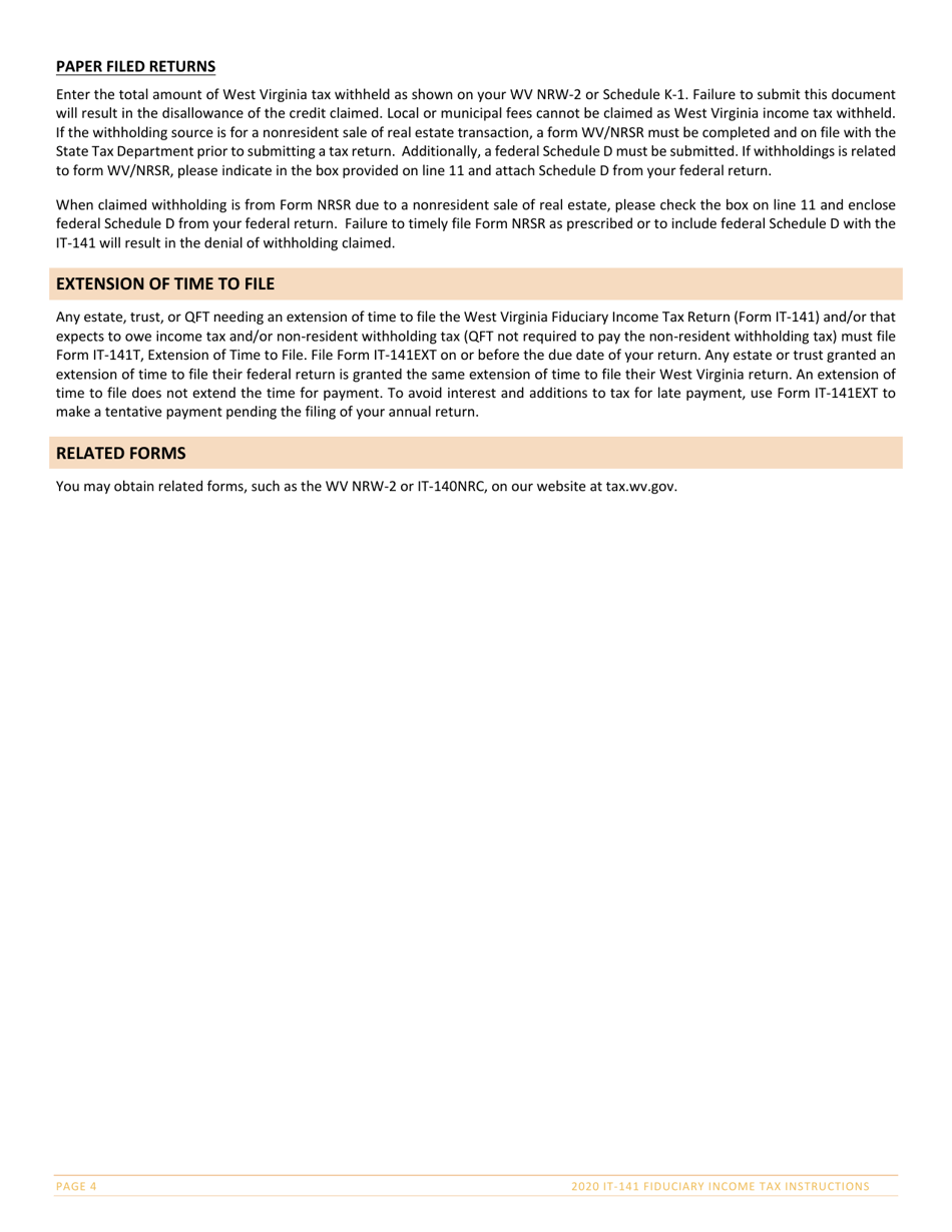 Instructions for Form IT-141 West Virginia Fiduciary Income Tax Return - West Virginia, Page 4