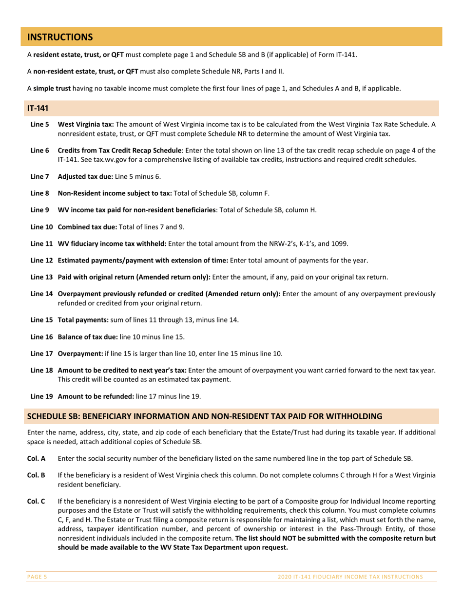 Instructions for Form IT-141 West Virginia Fiduciary Income Tax Return - West Virginia, Page 5