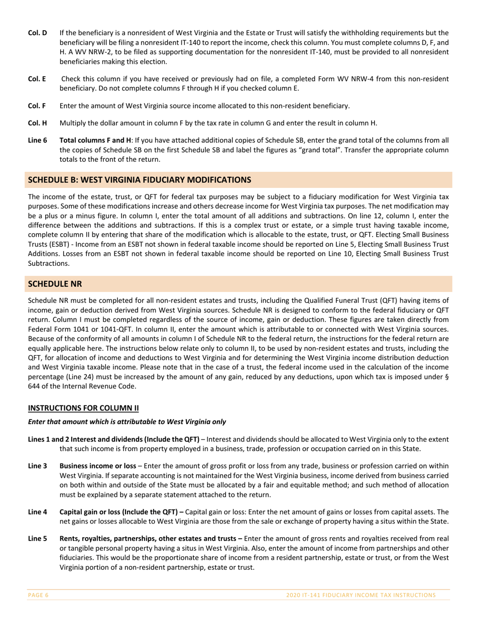Instructions for Form IT-141 West Virginia Fiduciary Income Tax Return - West Virginia, Page 6