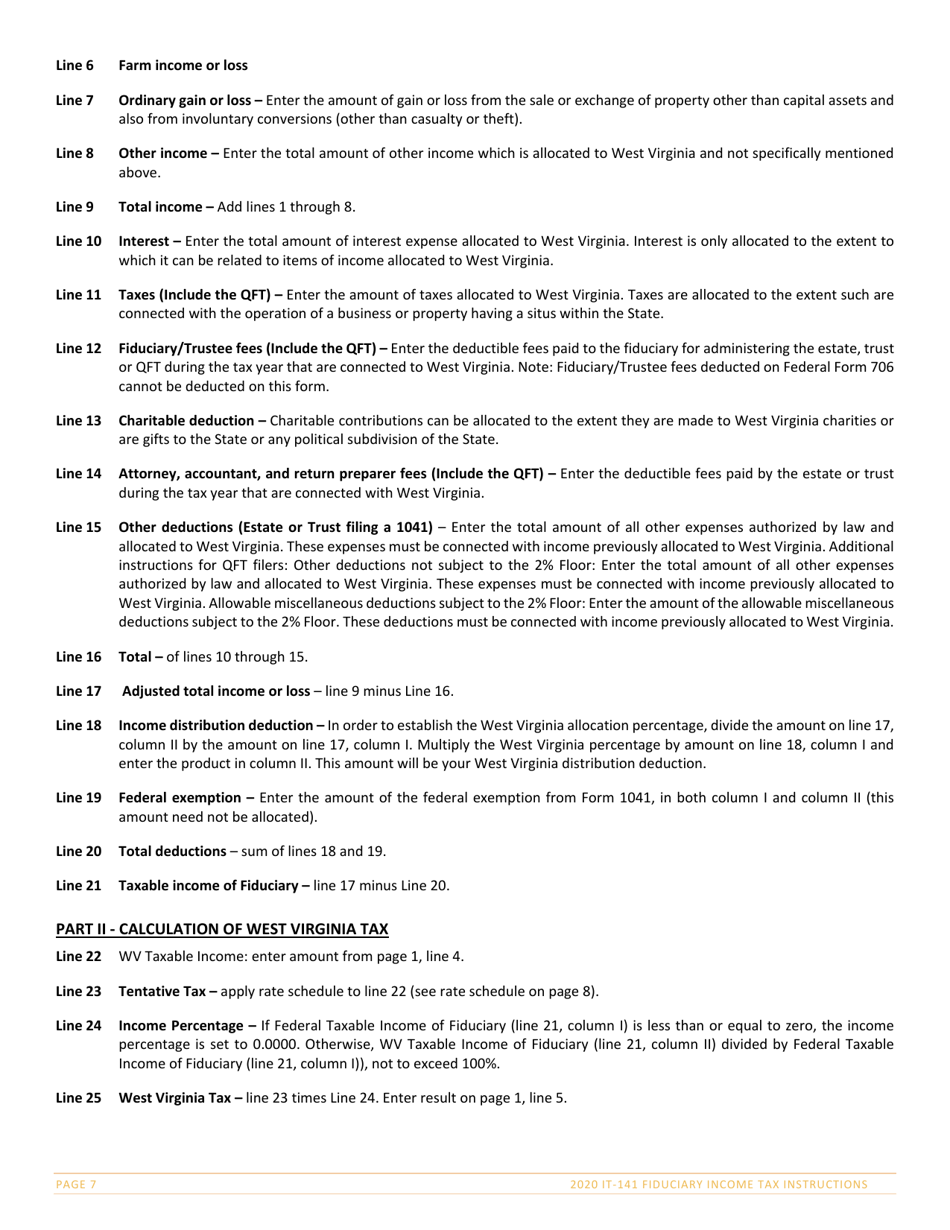 Instructions for Form IT-141 West Virginia Fiduciary Income Tax Return - West Virginia, Page 7