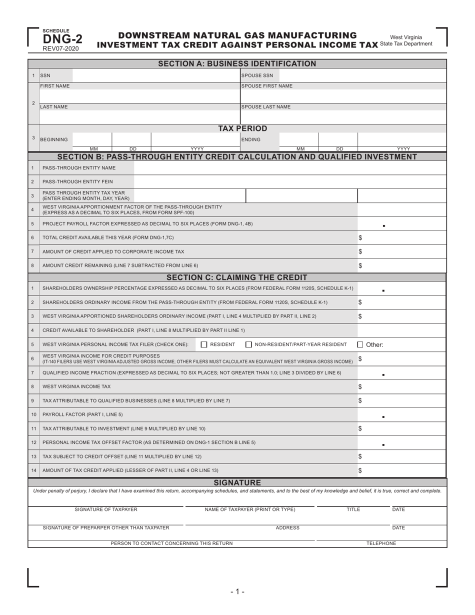 Schedule DNG-2 Downstream Natural Gas Manufacturing Investment Tax Credit Against Personal Income Tax - West Virginia, Page 1