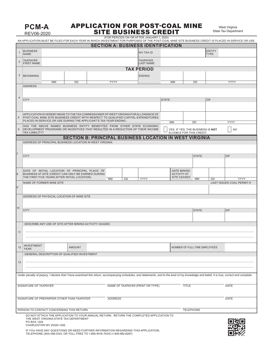Form PCM-A Application for Post-coal Mine Site Business Credit - West Virginia, Page 1