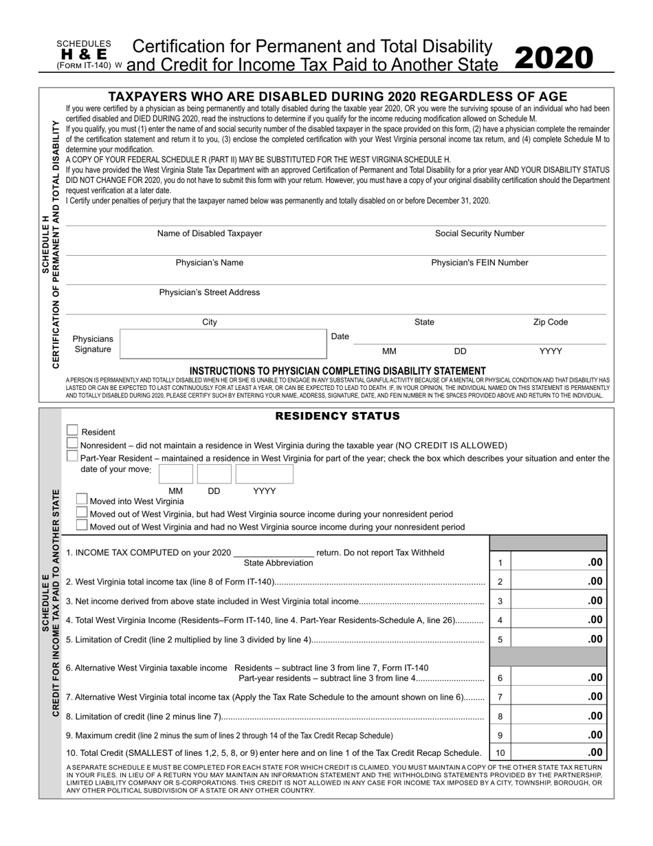 Form IT-140 Schedule E, H Certification for Permanent and Total Disability and Credit for Income Tax Paid to Another State - West Virginia, Page 1