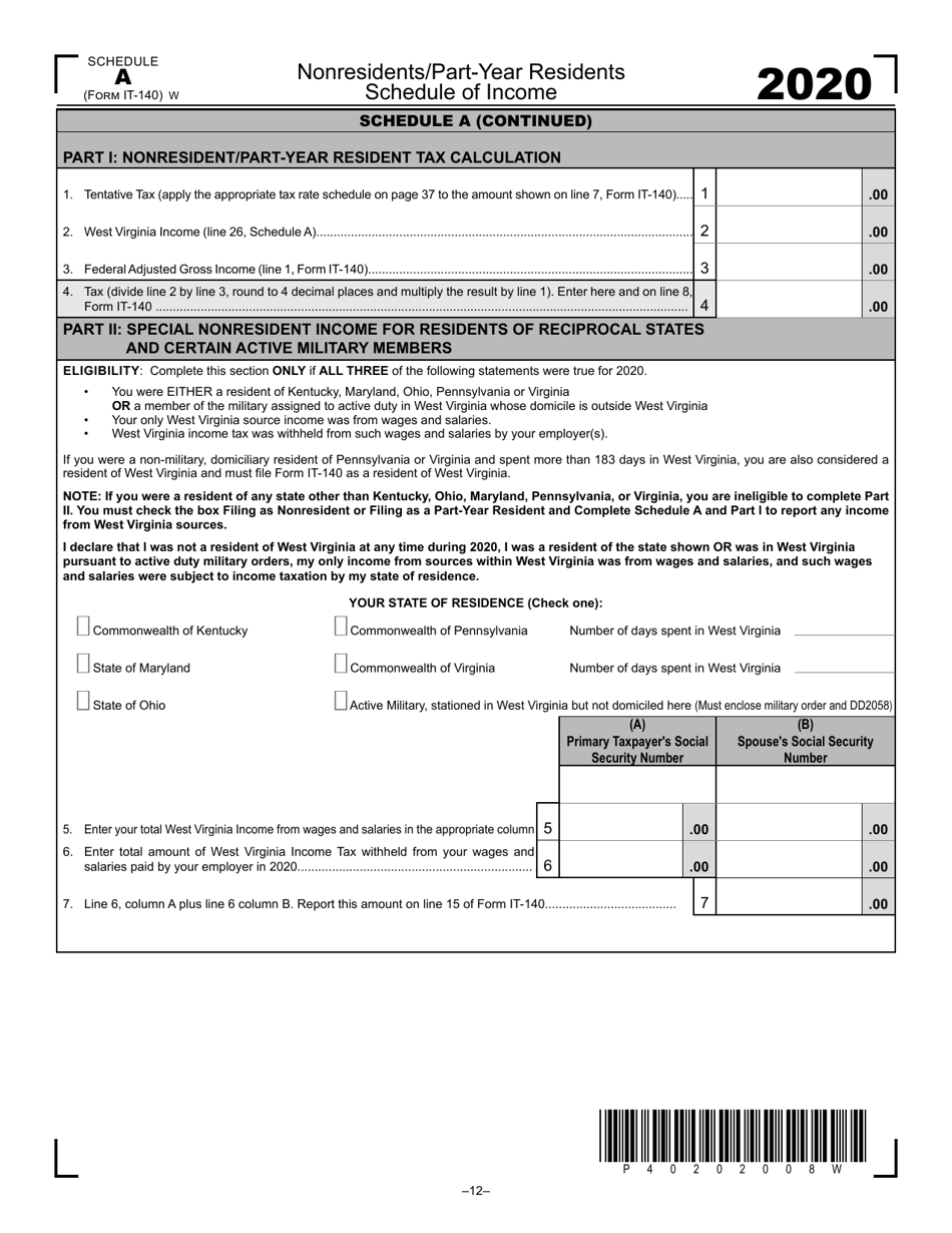 Form IT-140 Schedule A Nonresidents / Part-Year Residents Schedule of Income - West Virginia, Page 2