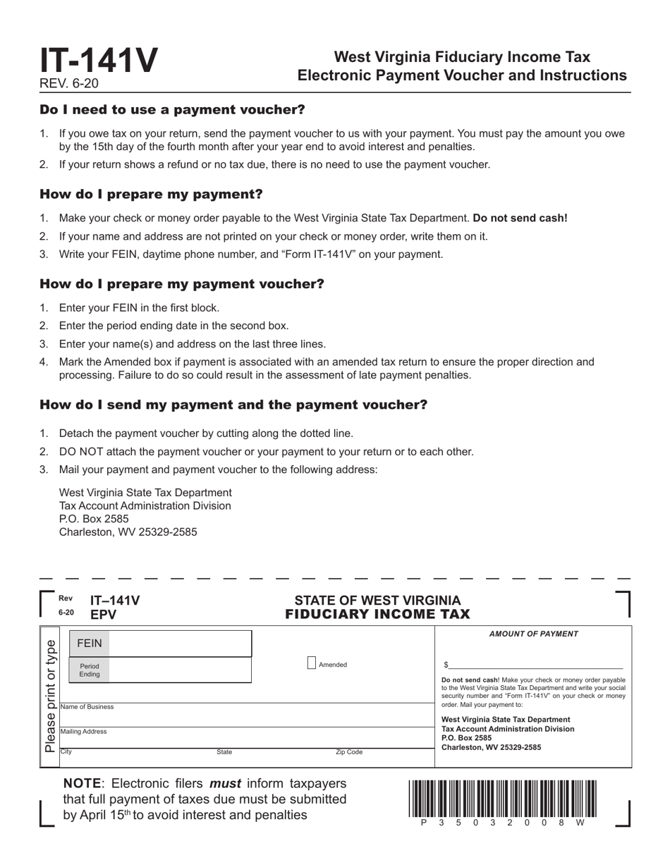 Form IT-141V West Virginia Fiduciary Income Tax Electronic Payment Voucher - West Virginia, Page 1
