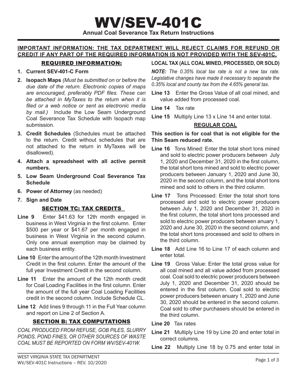 Instructions for Form WV / SEV-401C Annual Coal Severance Tax Return - West Virginia, Page 1