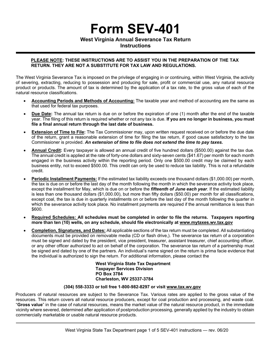 Instructions for Form SEV-401 West Virginia Annual Severance Tax Return - West Virginia, Page 1