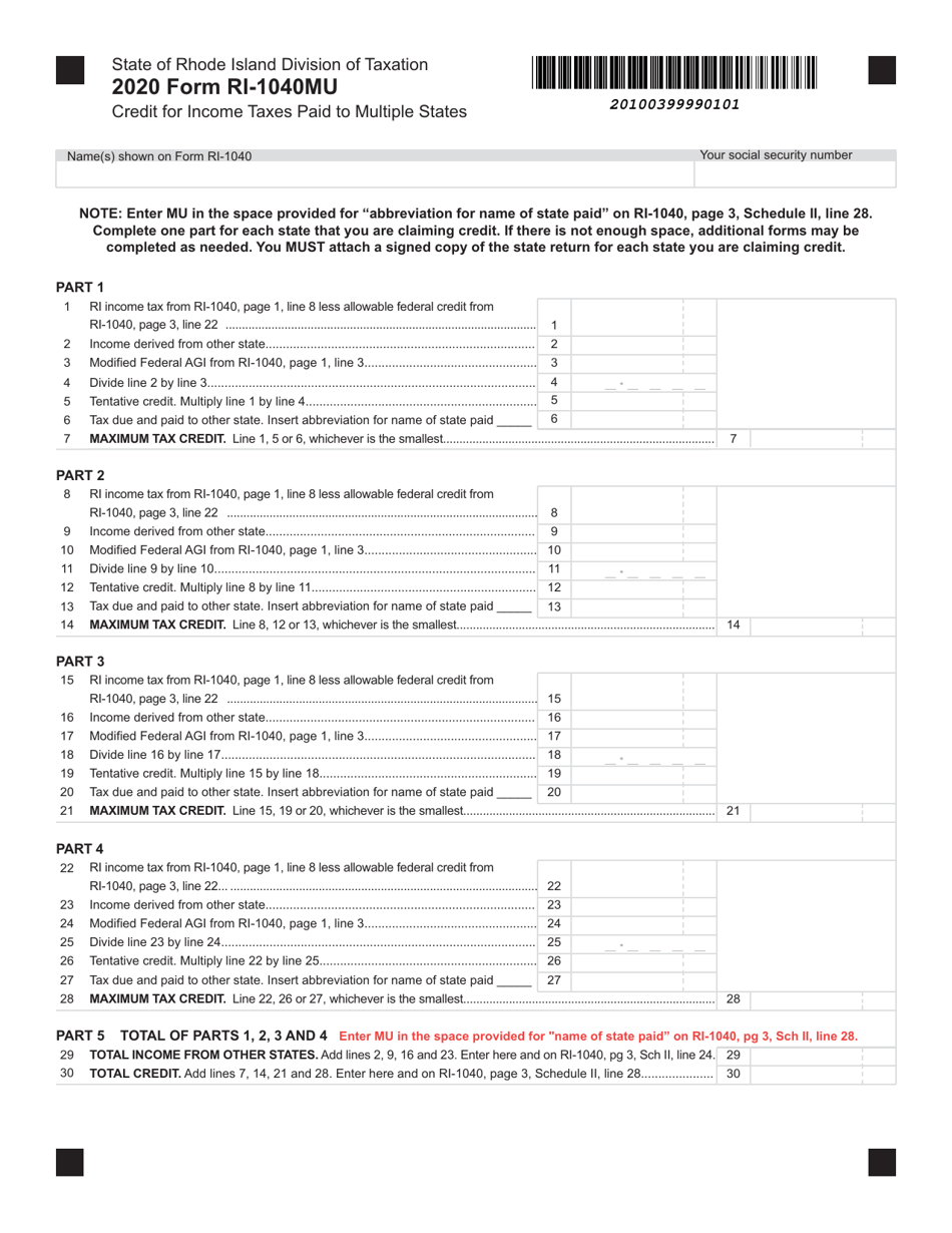Form RI-1040MU Credit for Income Taxes Paid to Multiple States - Rhode Island, Page 1