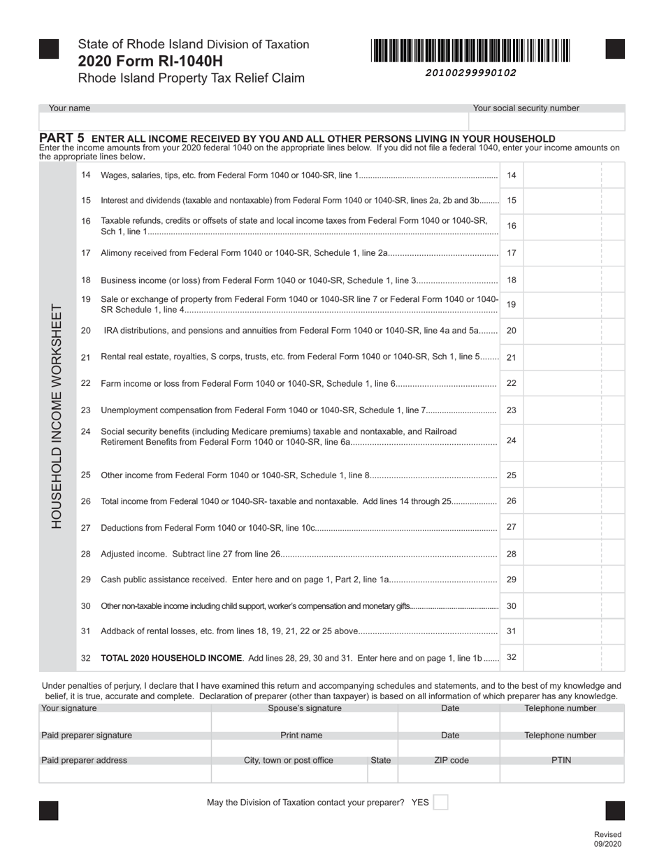Form RI-1040H Rhode Island Property Tax Relief Claim - Rhode Island, Page 2