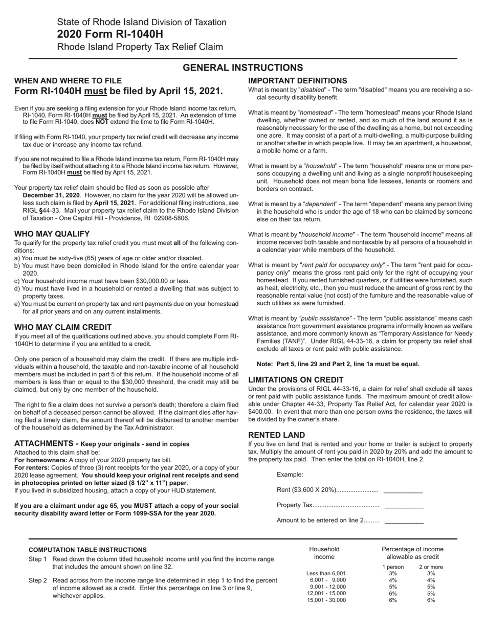 Form RI-1040H Rhode Island Property Tax Relief Claim - Rhode Island, Page 3