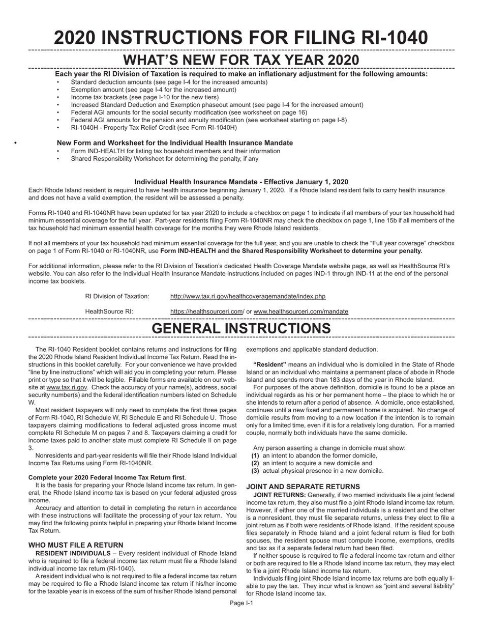 Instructions for Form RI-1040 Resident Individual Income Tax Return - Rhode Island, Page 1