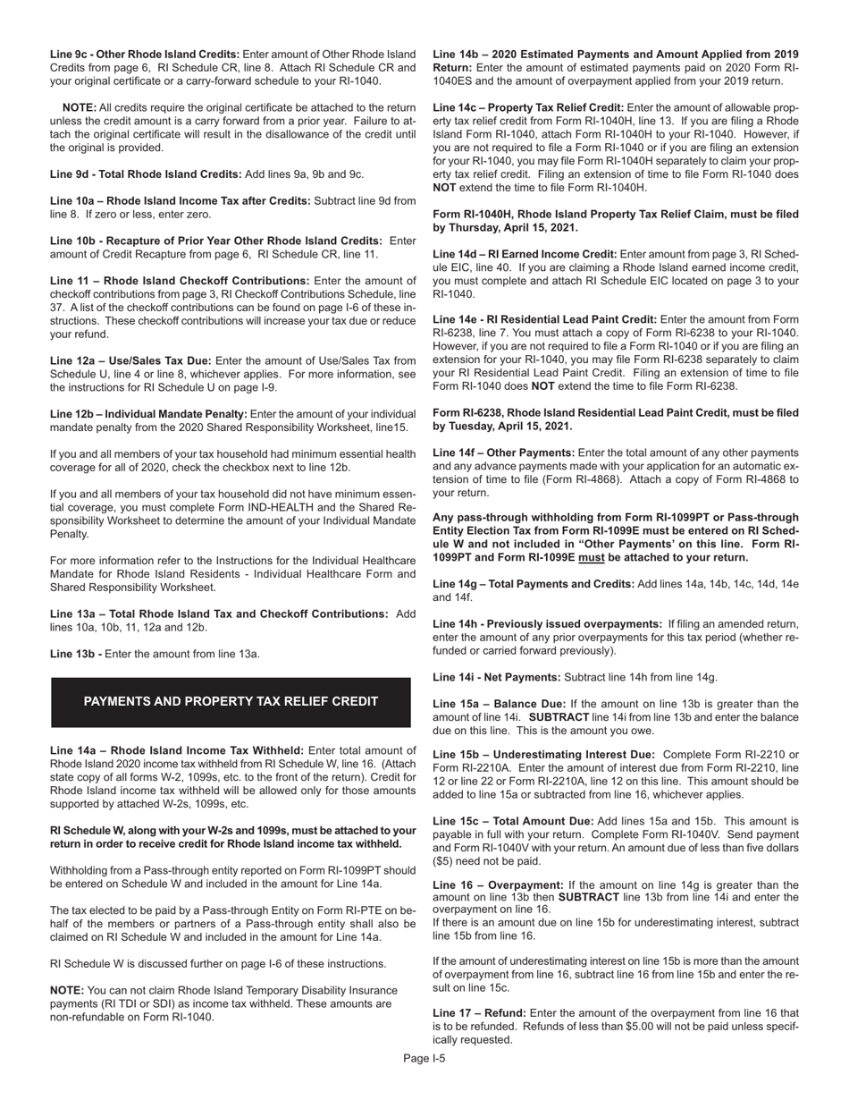 Instructions for Form RI-1040 Resident Individual Income Tax Return - Rhode Island, Page 5