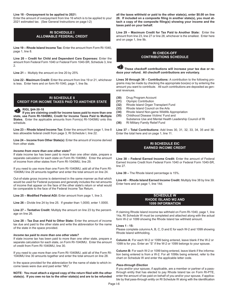 Instructions for Form RI-1040 Resident Individual Income Tax Return - Rhode Island, Page 6