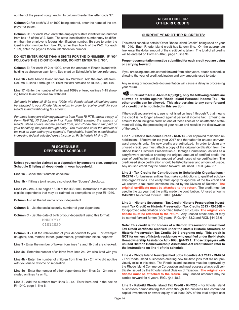 Instructions for Form RI-1040 Resident Individual Income Tax Return - Rhode Island, Page 7