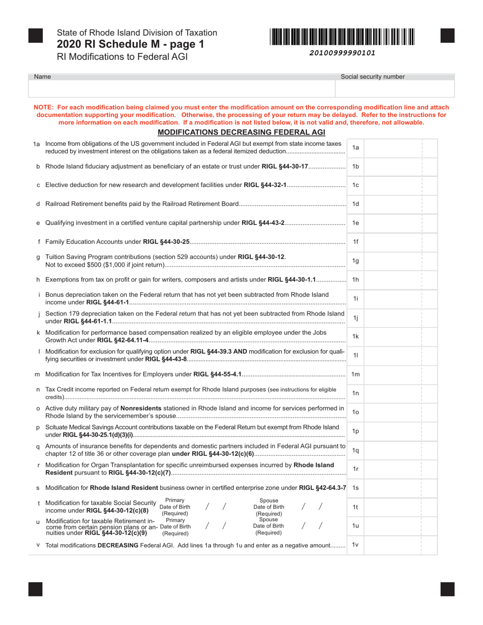 Schedule M Download Fillable PDF or Fill Online Ri'(modifications to