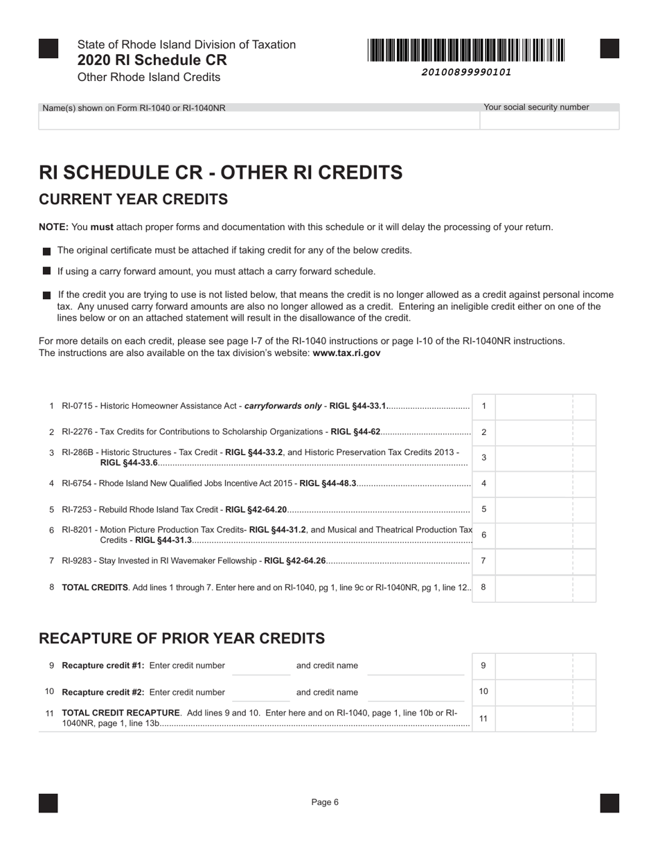 Schedule CR Other Rhode Island Credits - Rhode Island, Page 1