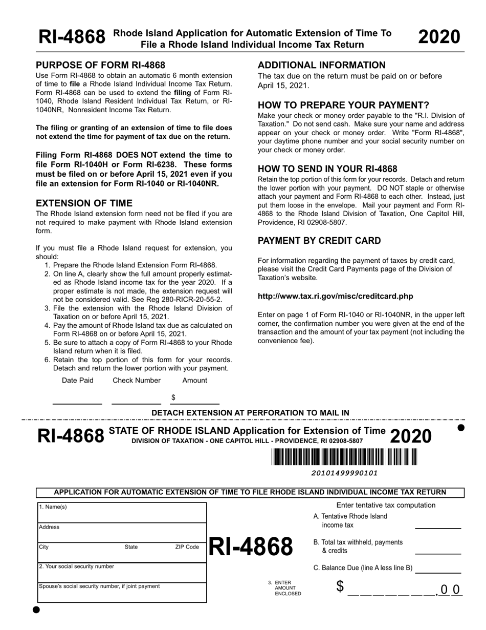 Form RI-4868 Application for Automatic Extension of Time to File Rhode Island Individual Income Tax Return - Rhode Island, Page 1