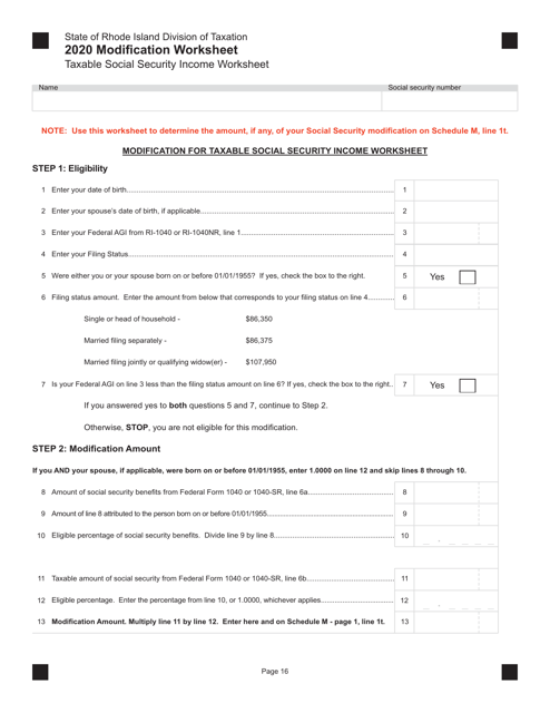 Taxable Social Security Income Worksheet - Rhode Island Download Pdf