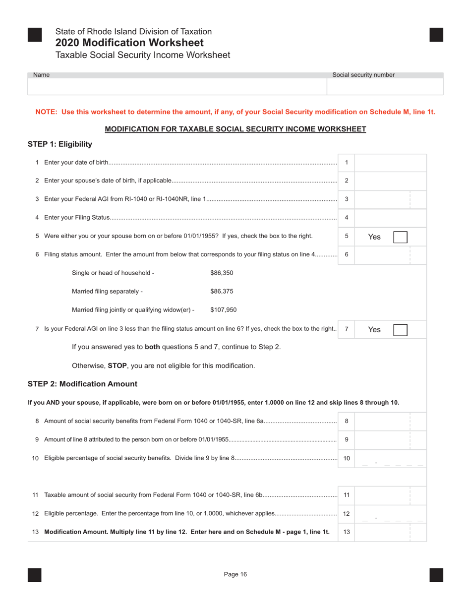 2020 Rhode Island Taxable Social Security Income Worksheet Fill Out