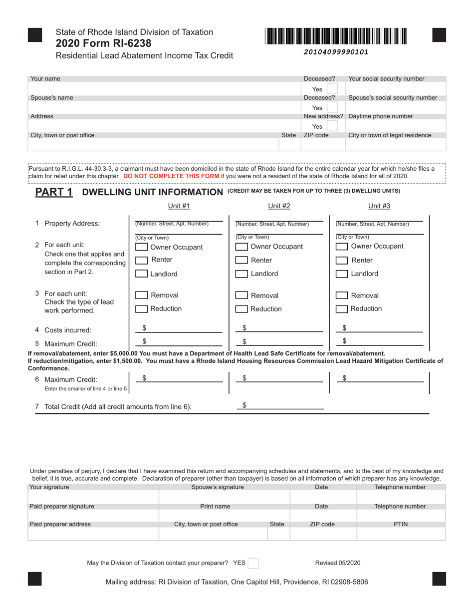Form RI-6238 Residential Lead Abatement Income Tax Credit - Rhode Island, Page 1