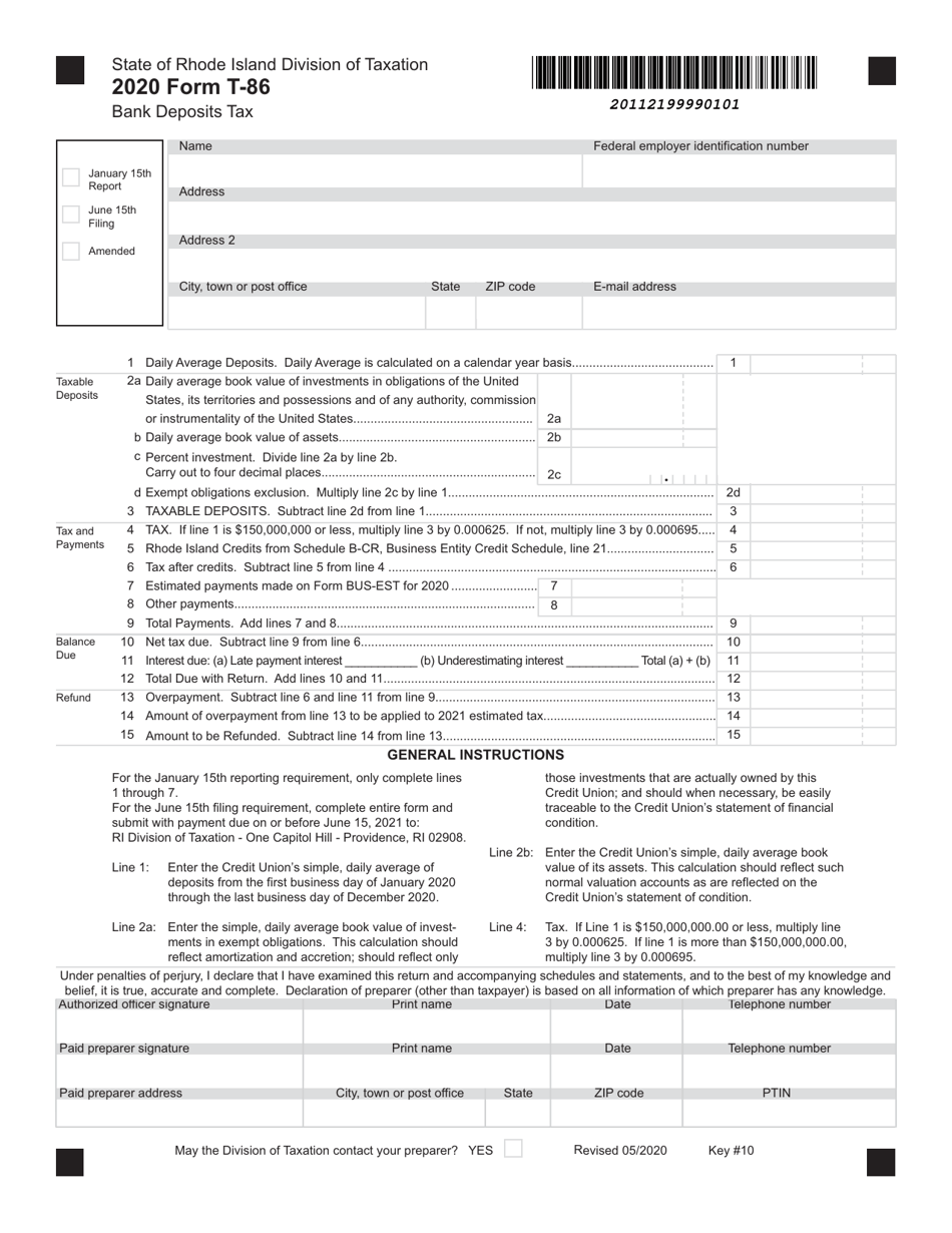 Form T-86 Bank Deposits Tax - Rhode Island, Page 1