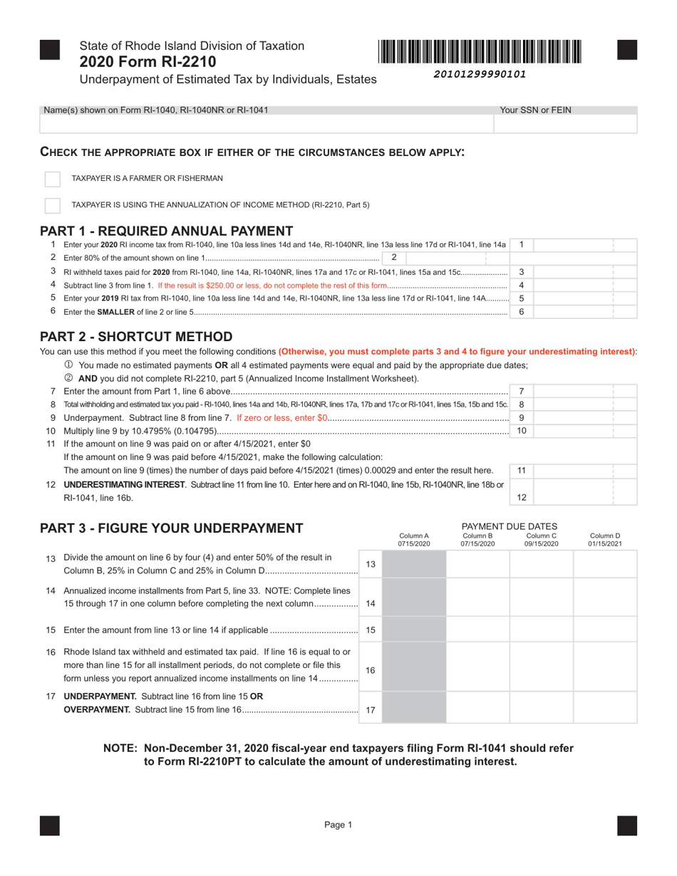 Form RI2210 Download Fillable PDF or Fill Online Underpayment of