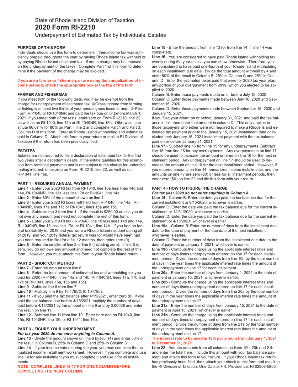 Form RI-2210 Underpayment of Estimated Tax by Individuals, Estates - Rhode Island, Page 3
