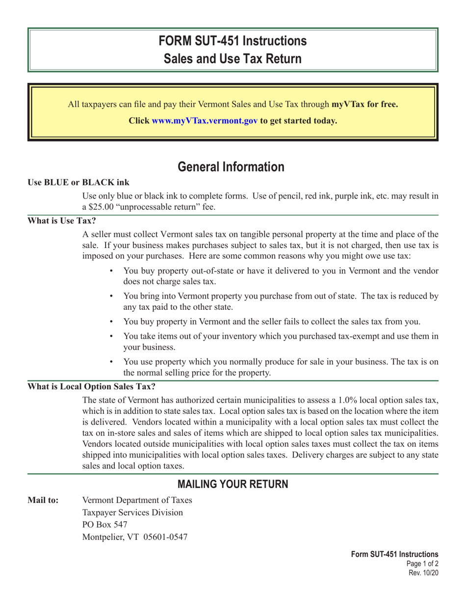 Instructions for VT Form SUT-451 Sales and Use Tax Return - Vermont, Page 1