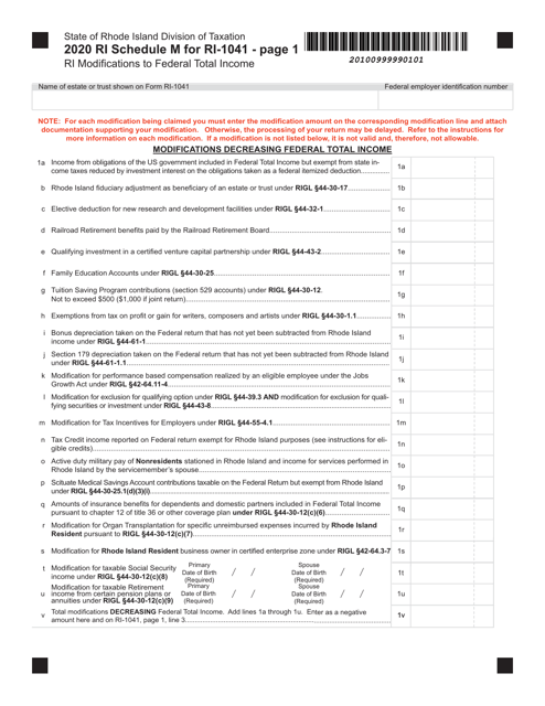 Form RI-1041 Schedule M 2020 Printable Pdf