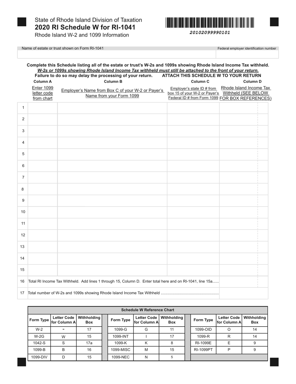 Form RI-1041 Schedule W Rhode Island W-2 and 1099 Information - Rhode Island, Page 1