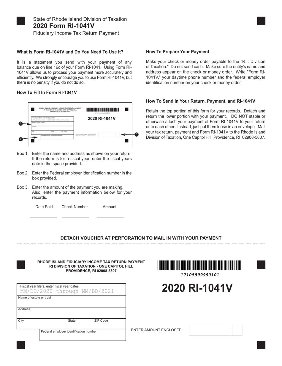 Form RI-1041V Fiduciary Income Tax Return Payment Voucher - Rhode Island, Page 1