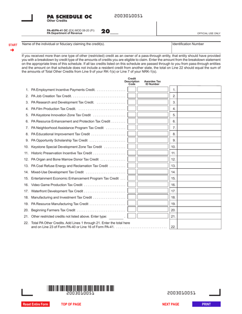 Form PA-40 (PA-41) Schedule OC Printable Pdf
