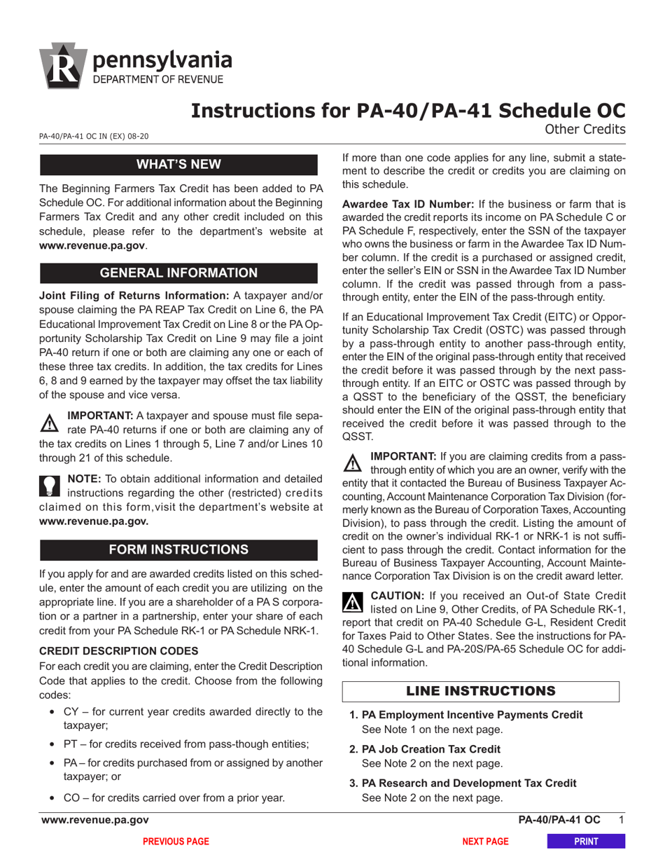 Form PA-40 (PA-41) Schedule OC Other Credits - Pennsylvania, Page 3