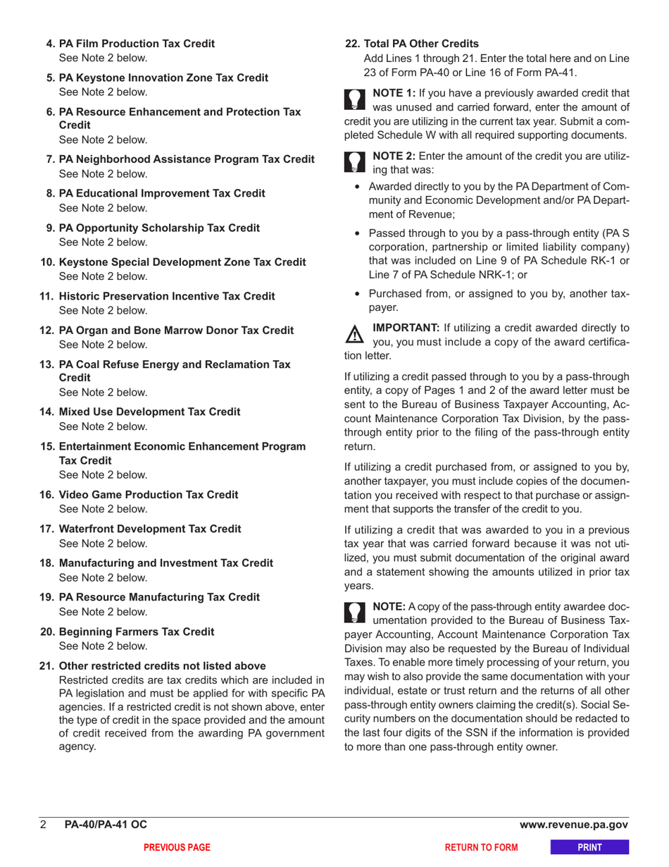 Form PA-40 (PA-41) Schedule OC Other Credits - Pennsylvania, Page 4