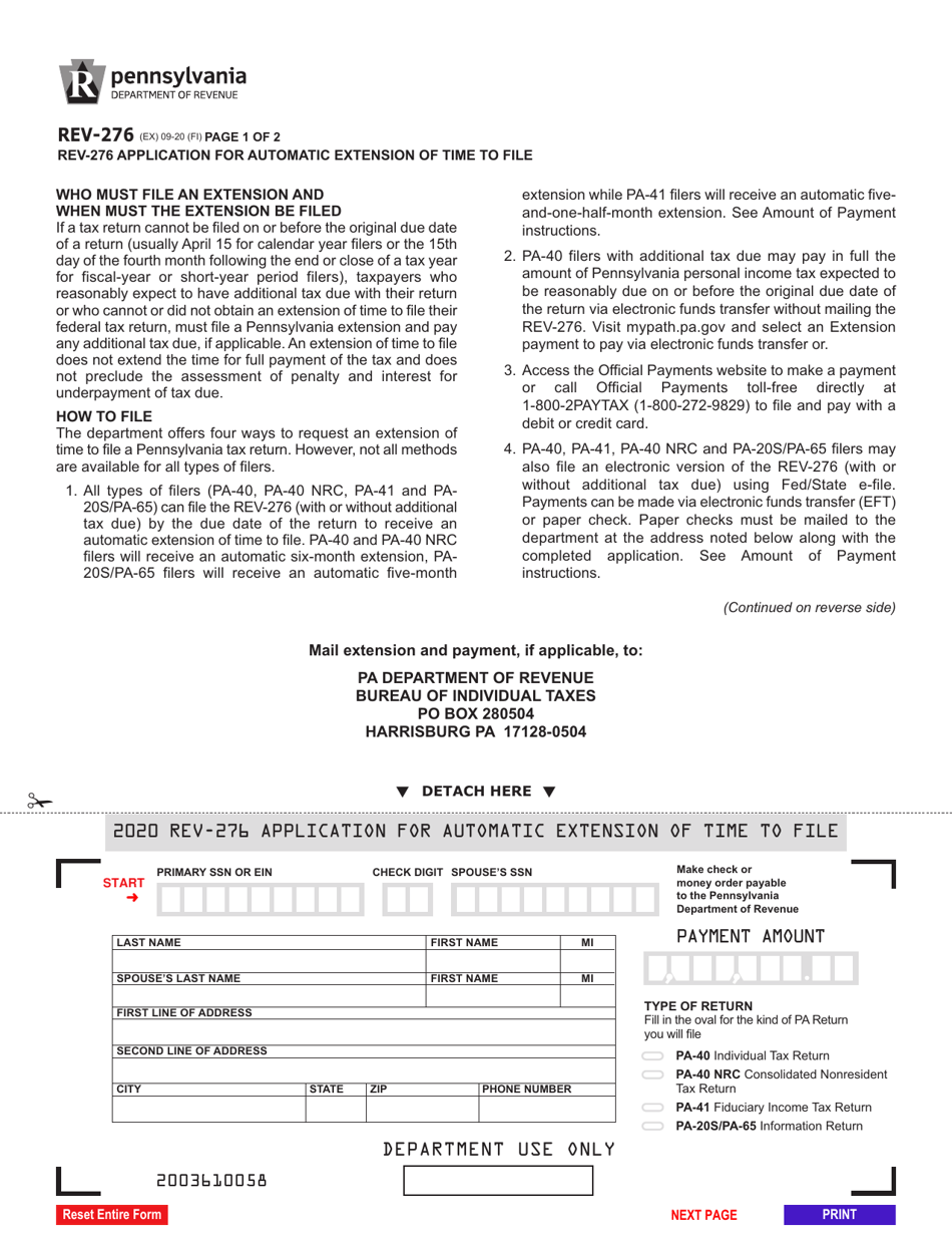 Form REV-276 Application for Automatic Extension of Time to File - Pennsylvania, Page 1