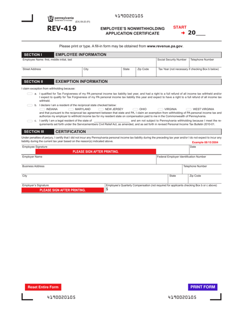 Form REV-419 Employee's Nonwithholding Application Certificate - Pennsylvania