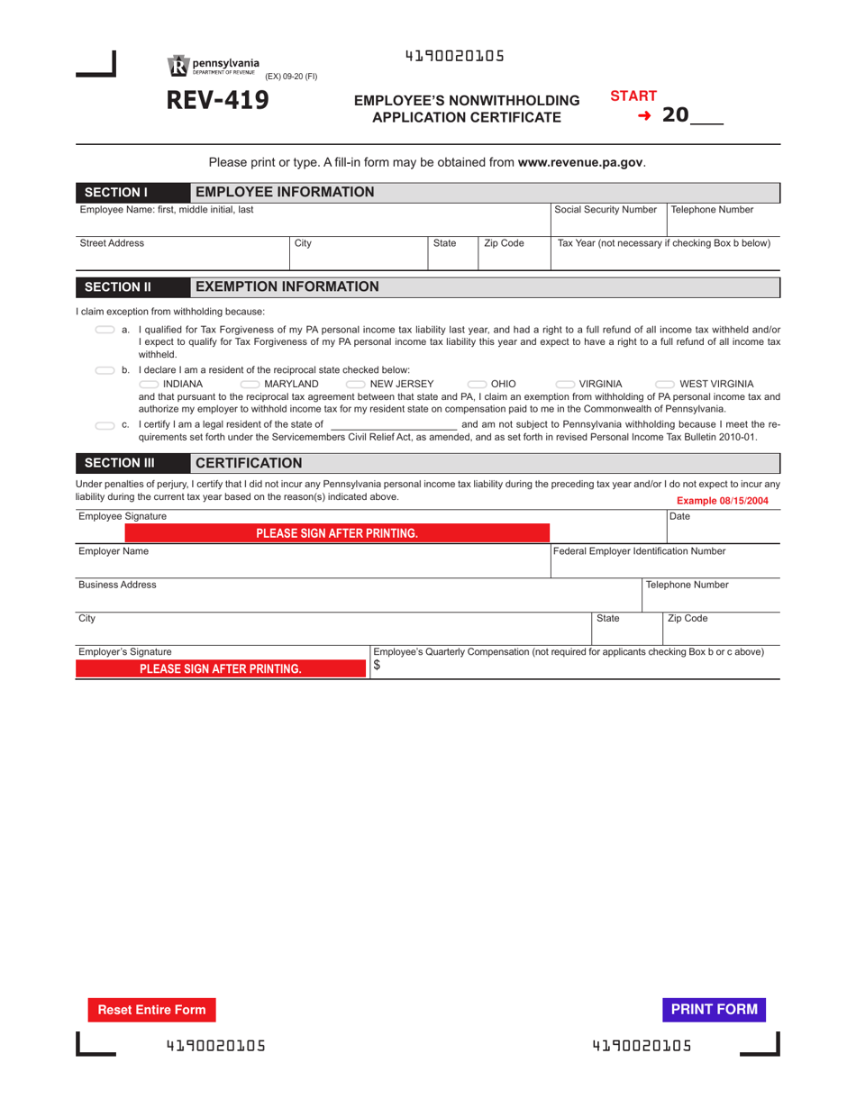 Form REV-419 Employees Nonwithholding Application Certificate - Pennsylvania, Page 1