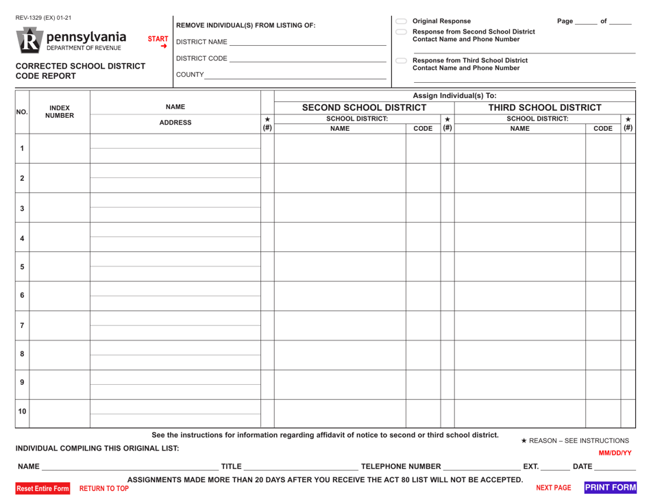 Form REV1329 Download Fillable PDF or Fill Online Corrected School District Code Report