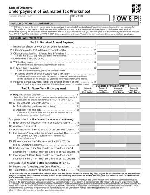 Form OW-8-P Underpayment of Estimated Tax Worksheet - Oklahoma, 2020