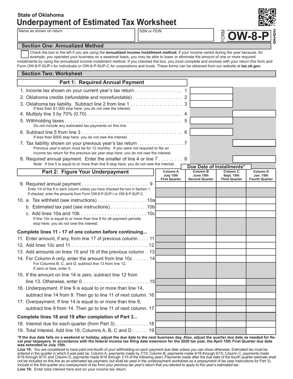 Form OW-8-P Underpayment of Estimated Tax Worksheet - Oklahoma, Page 1