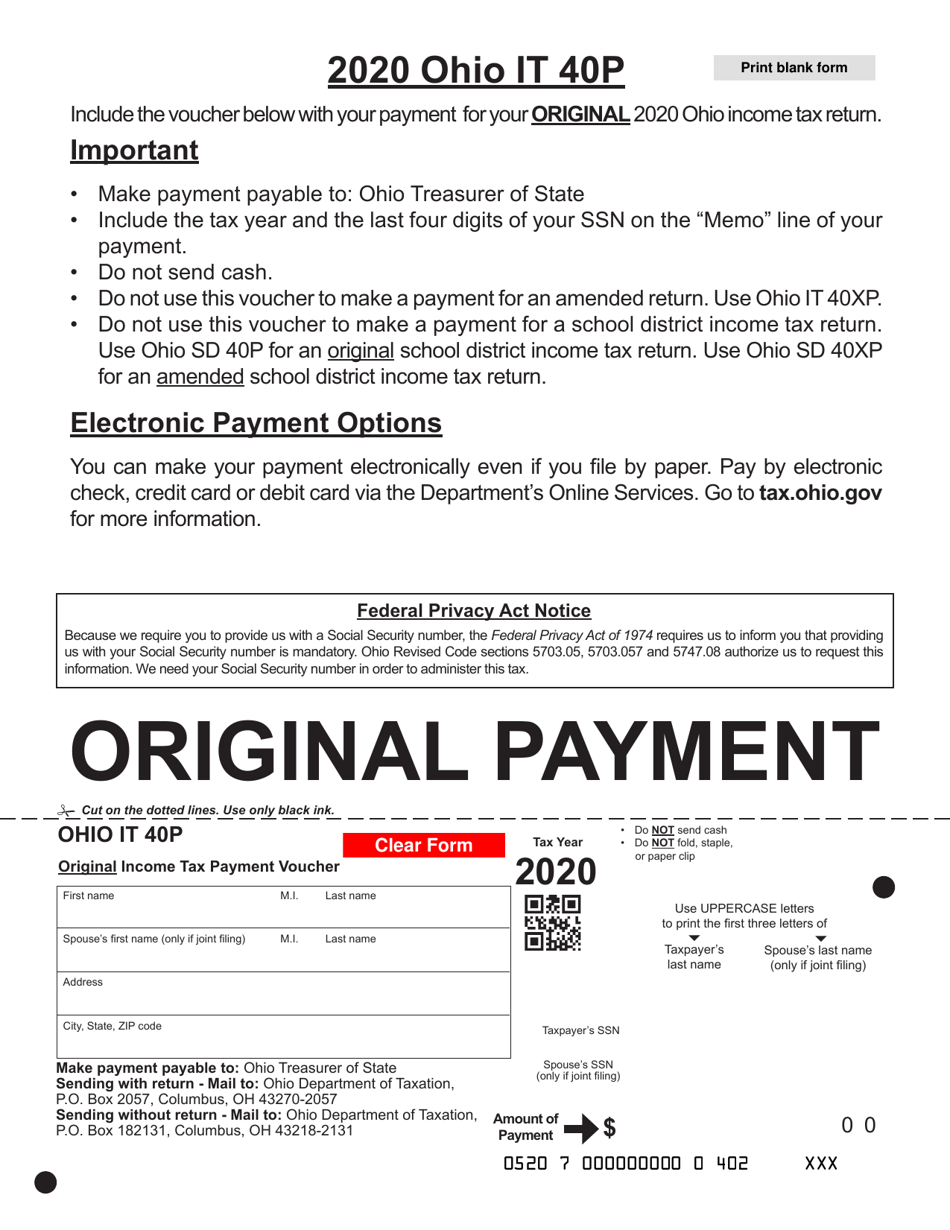 Form IT40P Original Income Tax Payment Voucher - Ohio, Page 1