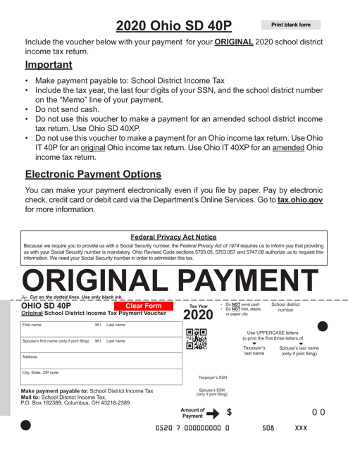 Form SD40P Original School District Income Tax Payment Voucher - Ohio, 2020
