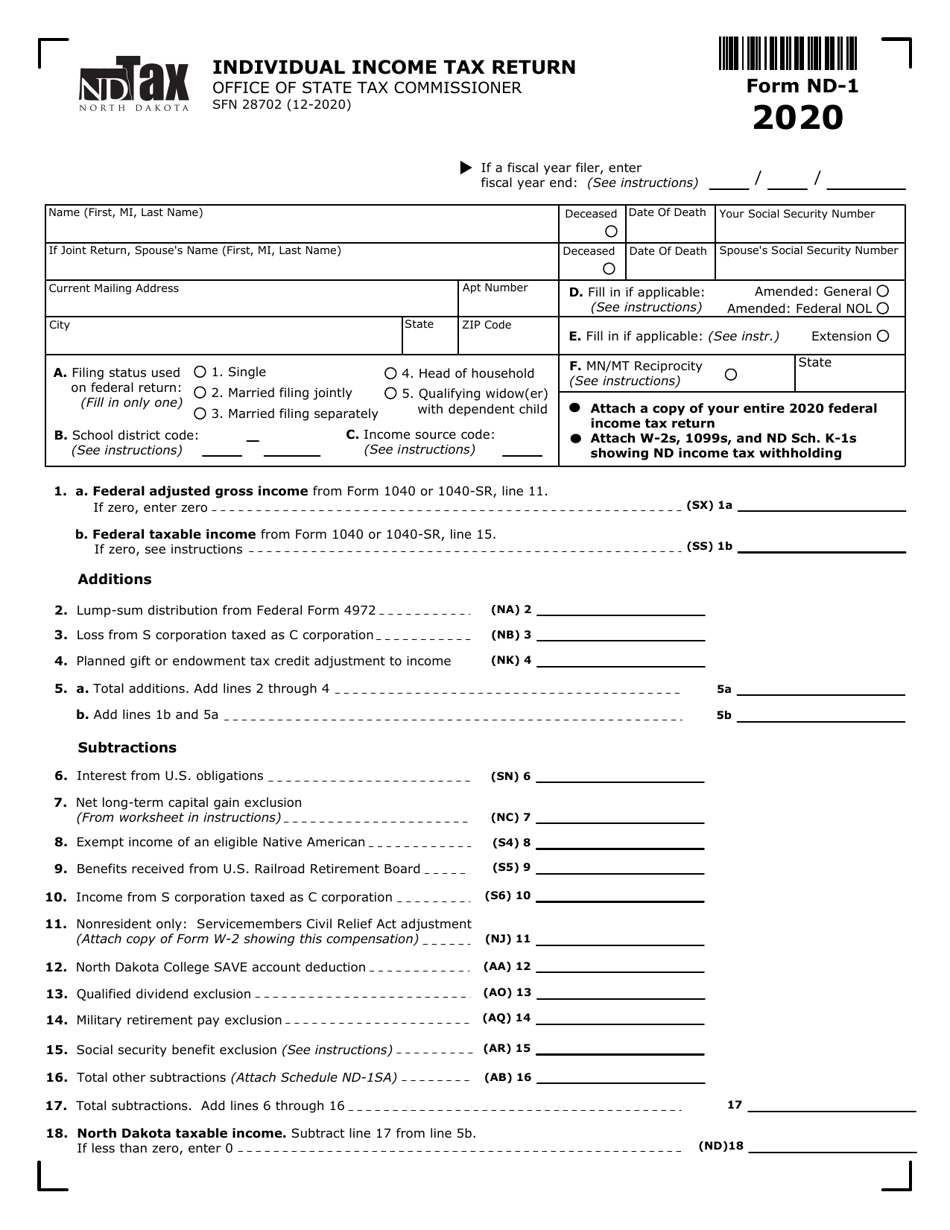 Form ND-1 (SFN28702) Individual Income Tax Return - North Dakota, Page 1